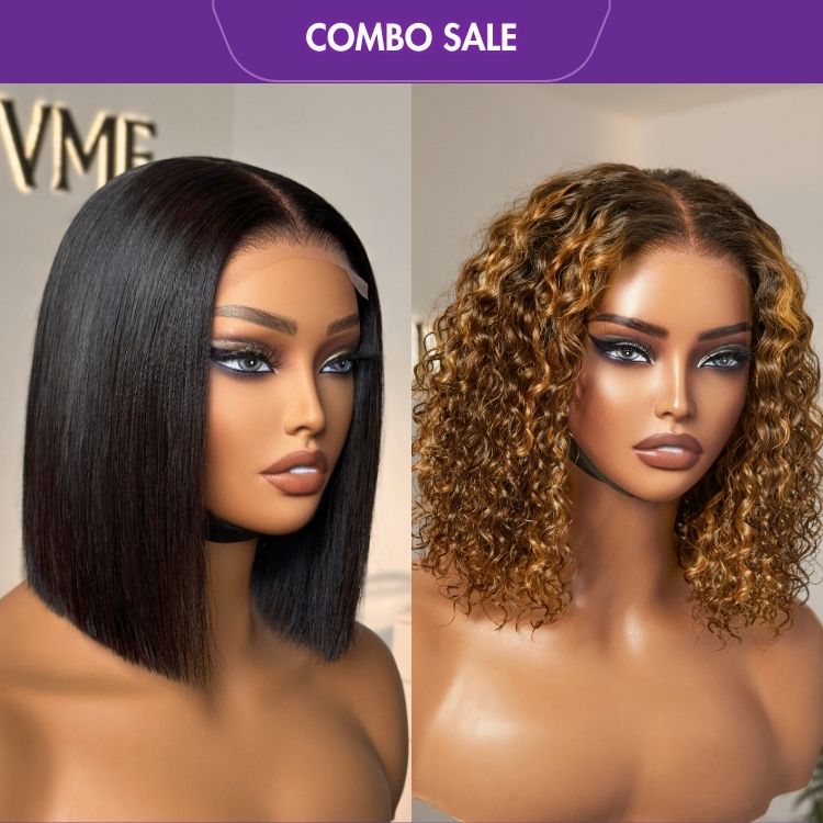 2 For 1 |  4x4 Lace Blunt Cut Bob Wig Bone Straight + Ombre Brown Highlight Deep Curly Glueless 5x5 Closure Lace Wig-01