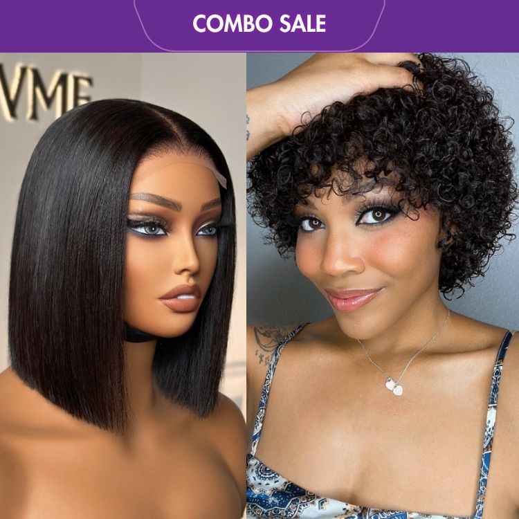 2 For 1 | Ultra Natural Lightweight Bouncy Glueless Wig With Bangs + 4x4 Lace Blunt Cut Bob Wig Bone Straight-01