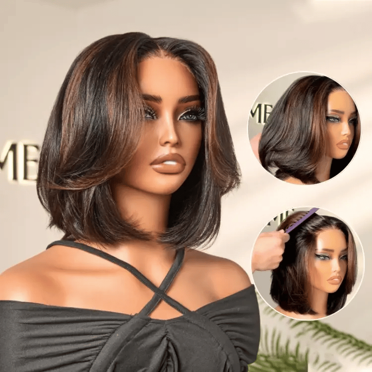 Worth | Brown Highlight Silky Short Bob Wig Layered Cut Human Hair Glueless 5x5 Closure Pre-Cut Lace Wig-01