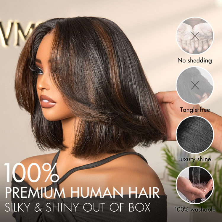 Brown Highlight Silky Short Bob Wig Layered Cut Human Hair Glueless 5x5 Closure Pre-Cut Lace Wig-05