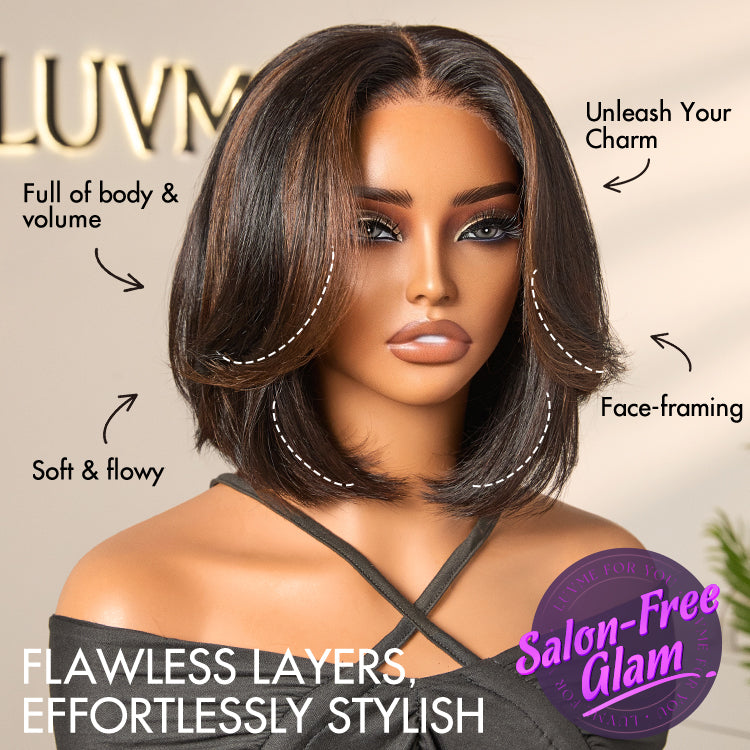 Brown Highlight Silky Short Bob Wig Layered Cut Human Hair Glueless 5x5 Closure Pre-Cut Lace Wig-04