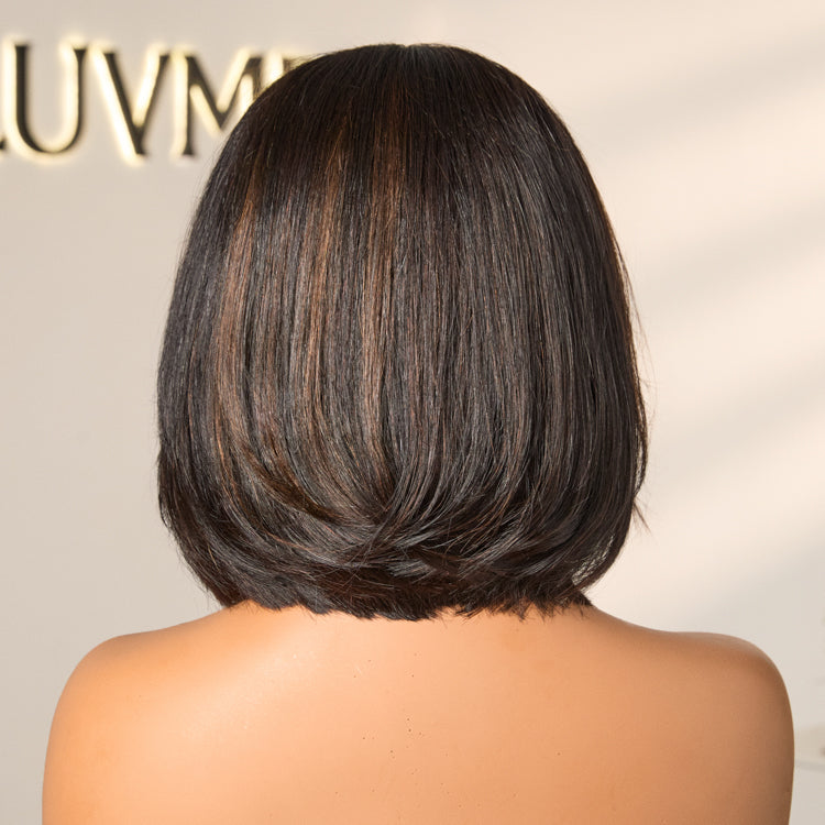 Brown Highlight Silky Short Bob Wig Layered Cut Human Hair Glueless 5x5 Closure Pre-Cut Lace Wig-07