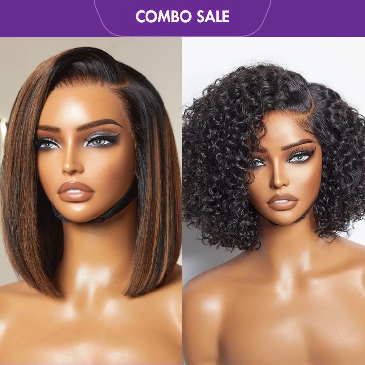 2 For 1 | Brown Highlight Silky Blunt Cut Bob 13*4 Glueless Lace Wig + Trendy Short Cut Curly Glueless HD Lace Wig-01