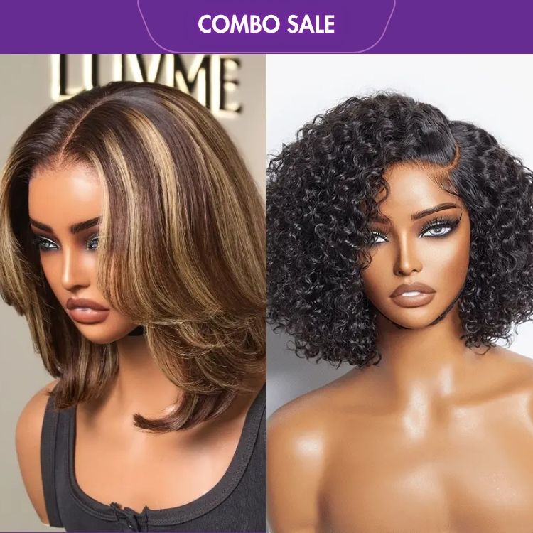 2 For 1 | Blonde Highlight Short Layered Bob Wig Glueless 5x5 Closure Pre-Cut Lace Wig + Trendy Short Cut Curly Glueless HD Lace Wig-01