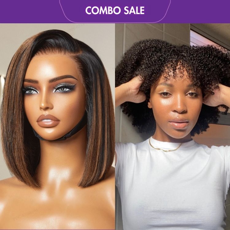 2 For 1 | Afro Kinky Bob With Bang Glueless Lace Short Wig + Brown Highlight Silky Blunt Cut Bob 13*4 Glueless Lace Wig-01