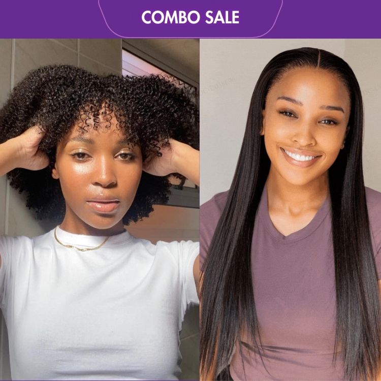 2 For 1 | Afro Kinky Bob With Bang Glueless Lace Short Wig + Silk Straight Glueless 13x4 Frontal Lace Wig Middle Part-01