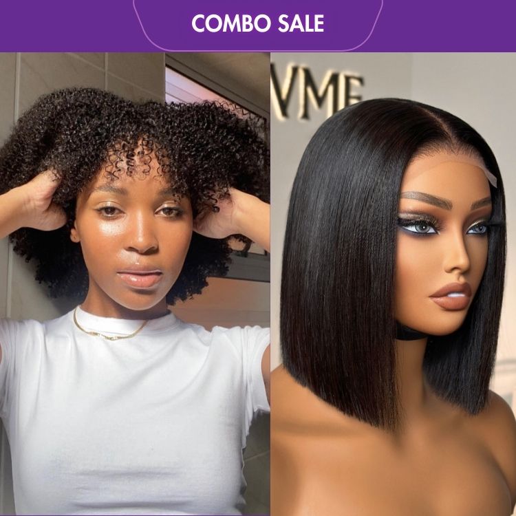 2 For 1 | Afro Kinky Bob With Bang Glueless Lace Short Wig + 4x4 Lace Blunt Cut Bob Wig Bone Straight-01