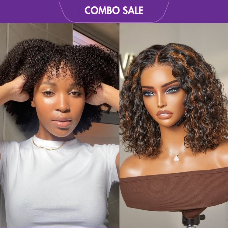 2 For 1 | Afro Kinky Bob With Bang Glueless Lace Short Wig + Highlight Brown Deep Wave 4x4 Closure Lace Wig-01