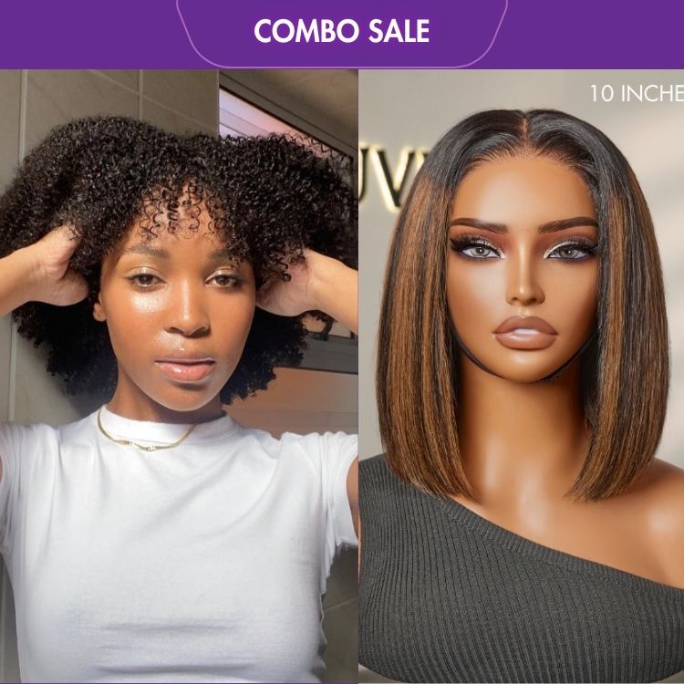 2 For 1 | Afro Kinky Bob With Bang Glueless Lace Short Wig + Brown Highlight Silky Blunt Cut Bob Glueless Lace Wig-01