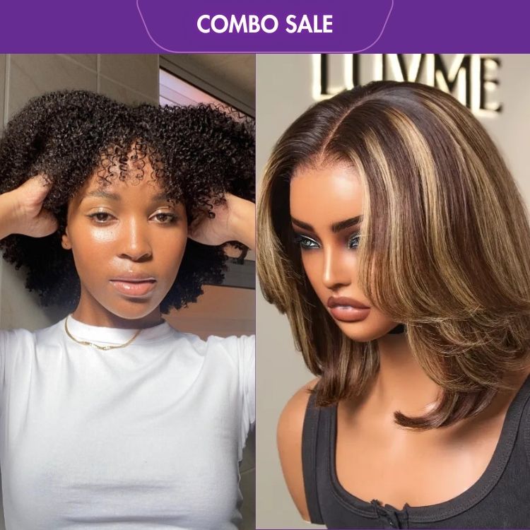 2 For 1 | Afro Kinky Bob With Bang Glueless Lace Short Wig + Blonde Highlight Short Layered Bob Wig Glueless 5x5 Closure Pre-Cut Lace Wig-01