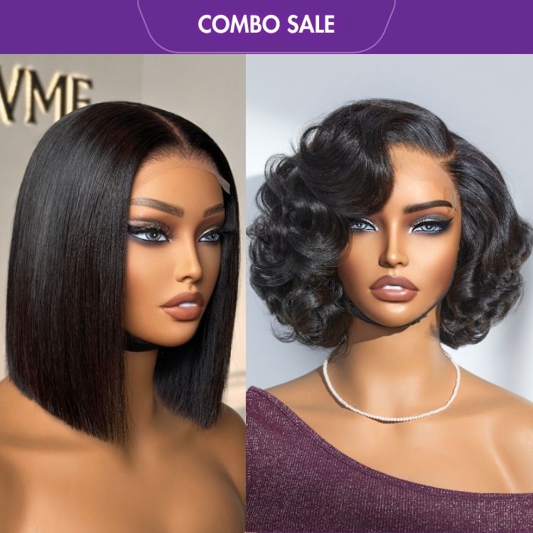 2 For 1 | 4x4 Lace Blunt Cut Bob Wig Bone Straight + Mature Boss Natural Black Loose Wave Glueless Minimalist HD Lace Wig-01
