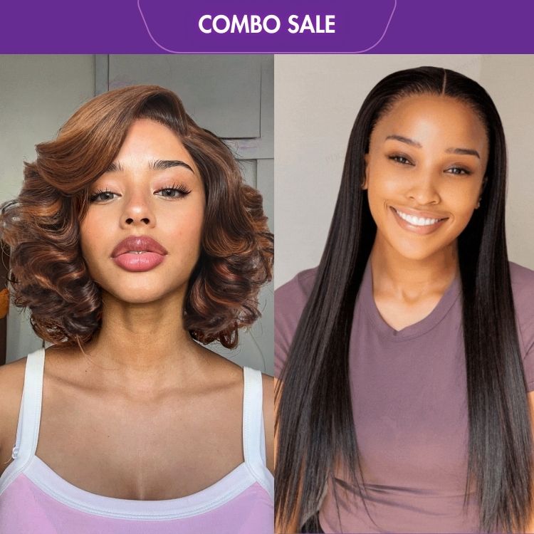 2 For 1 | 4x4 Lace Blunt Cut Bob Wig Bone Straight + Silk Straight Glueless 13x4 Frontal Lace Wig Middle Part-01