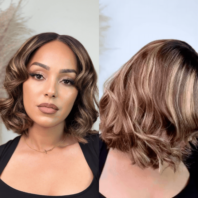 [Morgantasneem]'s Special Link-Blonde Highlight Short Layered Bob Wig Glueless 5x5 Closure Pre-Cut Lace Wig All Head Sizes Fit Cap-01