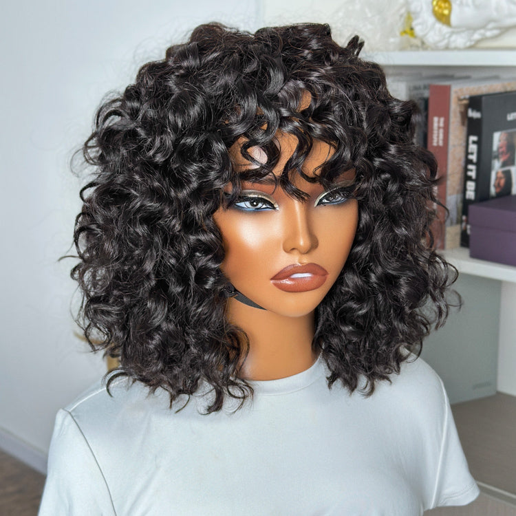 Outlet | Put On & Go Water Wave No Lace Glueless Short Wig With Bangs 100% Human Hair-01