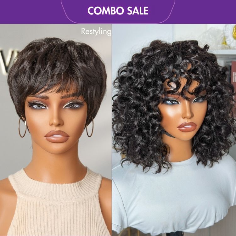 2 For 1 | Hot Pixie Cut Glueless Brazilian Human Hair No Lace Wig + Water Wave No Lace Glueless Short Wig With Bangs 100% Human Hair-01