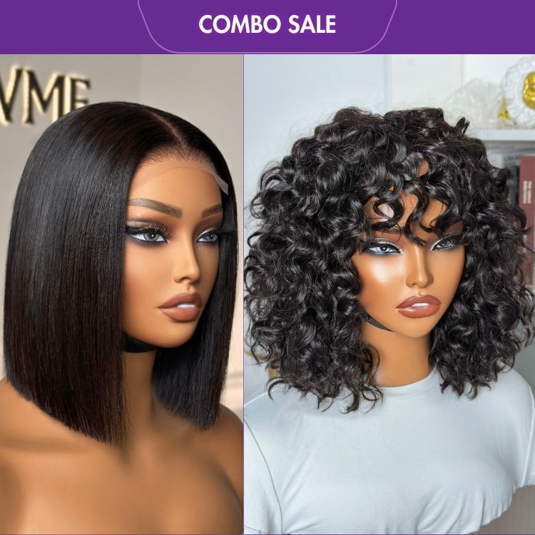 2 For 1 | 4x4 Lace Blunt Cut Bob Wig Bone Straight + Water Wave No Lace Glueless Short Wig With Bangs 100% Human Hair-01
