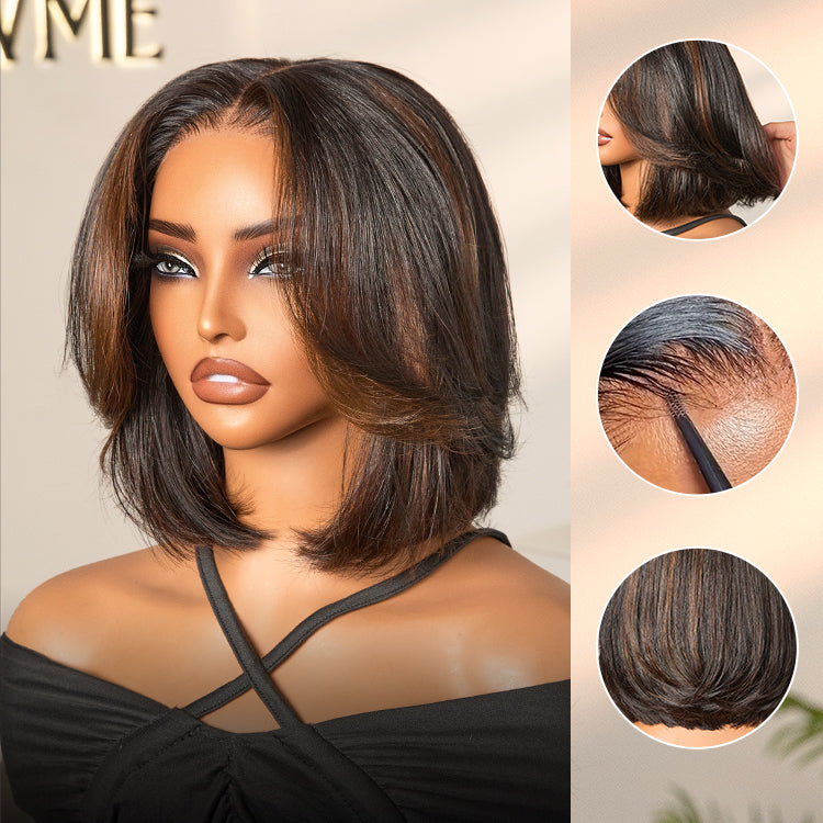 Brown Highlight Silky Short Bob Wig Layered Cut Human Hair Glueless 5x5 Closure Pre-Cut Lace Wig-02
