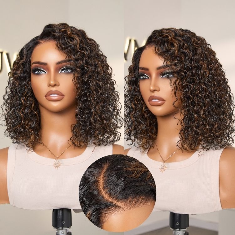 Brown Highlight Wet and Wavy 5x5 Closure Pre-Cut Lace Water Wave Wig Glueless Side Part Human Hair Wig-01