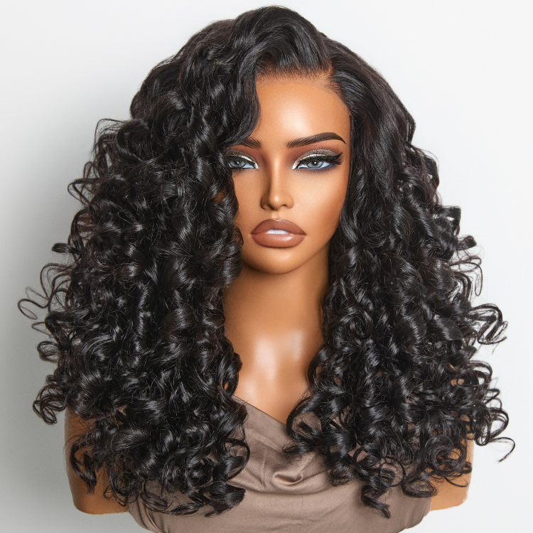 180% Density Bouncy Curls Glueless 5x5 Closure Pre-Cut Lace Layered Curly Wig Breathable Cap-01