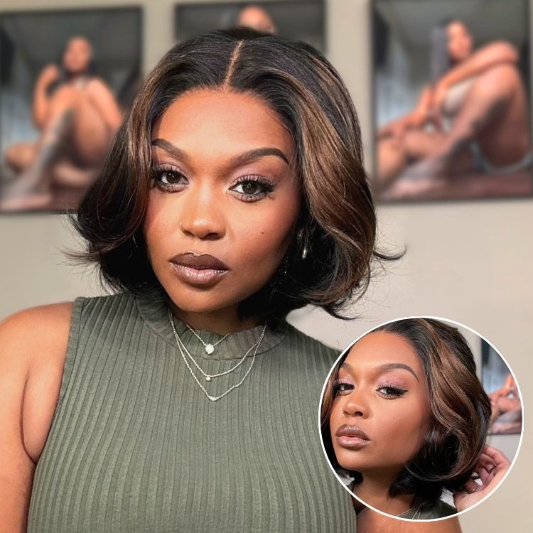 Brown Highlight Silky Short Bob Wig Layered Cut Human Hair Glueless 5x5 Closure Pre-Cut Lace Wig-01