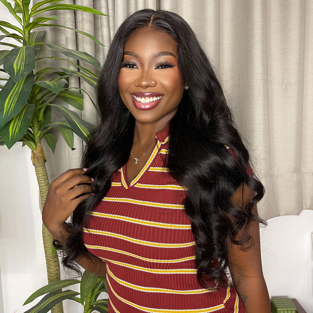 Special Deal | Natural Black Body Wave 4x4 Frontal Lace Glueless Free Part & Middle Part Long Wig-08