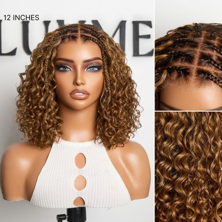 OUTLET I Ombre Brown Highlight Boho Braids Deep Curly Glueless 5x5 Closure Pre-Cut Lace Short Curly Wig 100% Human Hair-02