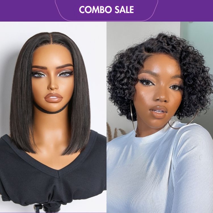 2 For 1 |  Silky Straight Glueless 4x4 Closure Lace Wig Middle Part + Stunning Curly Pixie Cut Glueless HD Lace Wig-09
