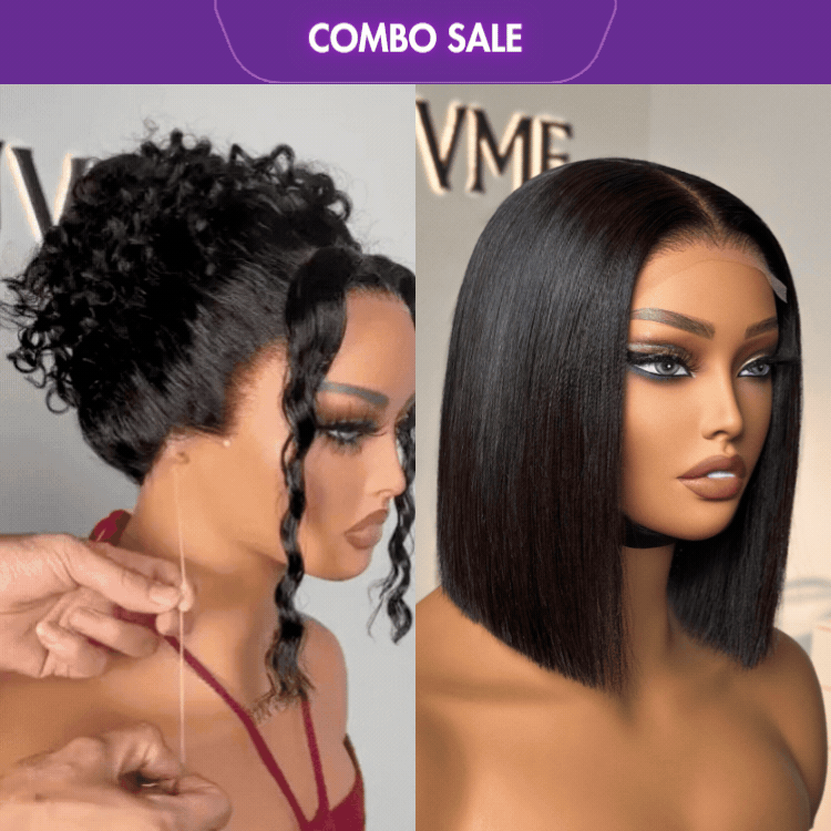 2 For 1 | Glueless 360 Lace Super Natural Hairline Water Wave Free Part Wig+Glueless 4x4 Closure Lace Natural Black Bob Wig-06