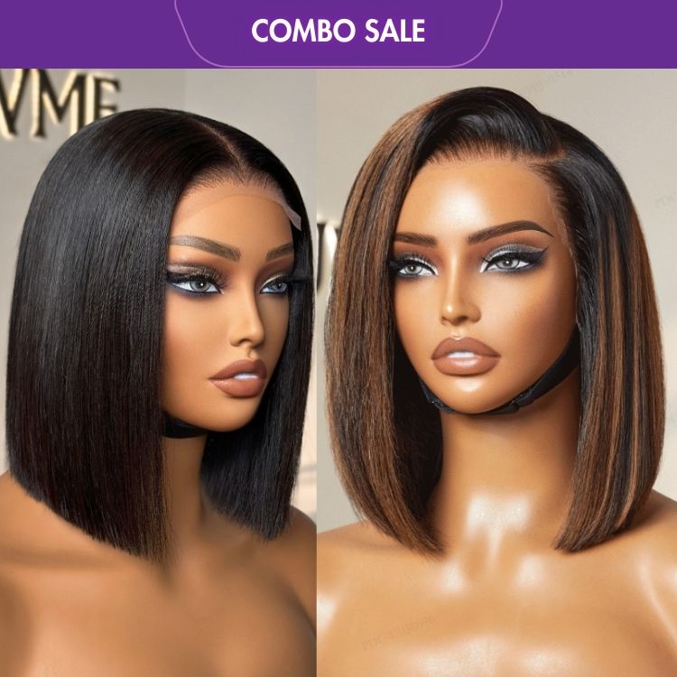 2 For 1 | Natural Black 4x4 Lace Blunt Cut Bob Wig Bone Straight  + Brown Highlight Silky Blunt Cut Bob 13*4 Glueless Lace Wig-01