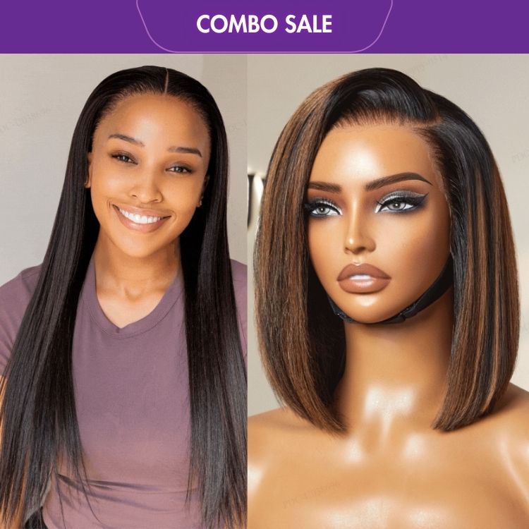 2 For 1 | Silk Straight Glueless 13x4 Frontal Lace Wig Middle Part + Brown Highlight Silky Blunt Cut Bob 13*4 Glueless Lace Wig-01