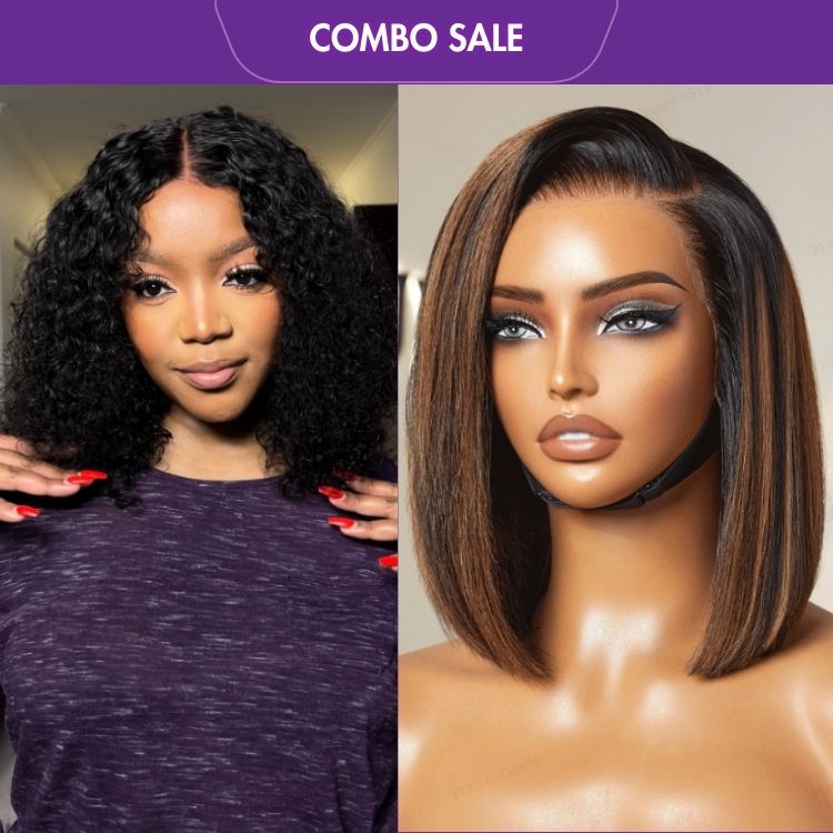 2 For 1 | Natural Black Deep Curl Bob Glueless 4x4 Closure Lace Wig + Brown Highlight Silky Blunt Cut Bob 13*4 Glueless Lace Wig-01