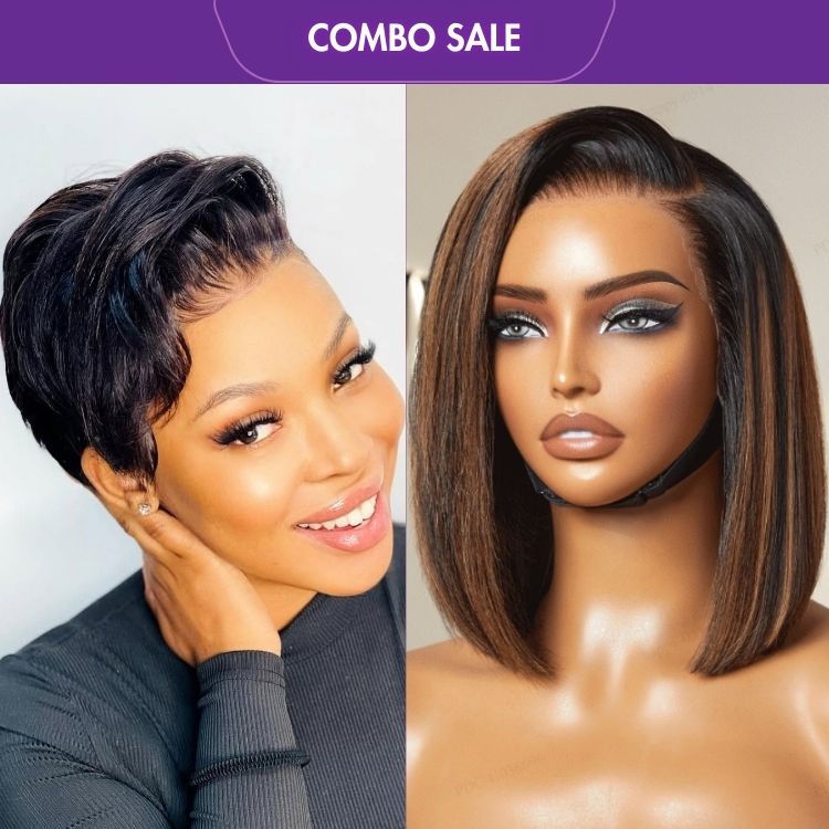 2 For 1 | Super Hot Pixie Cut Glueless HD Lace Wig + Brown Highlight Silky Blunt Cut Bob 13*4 Glueless Lace Wig-01