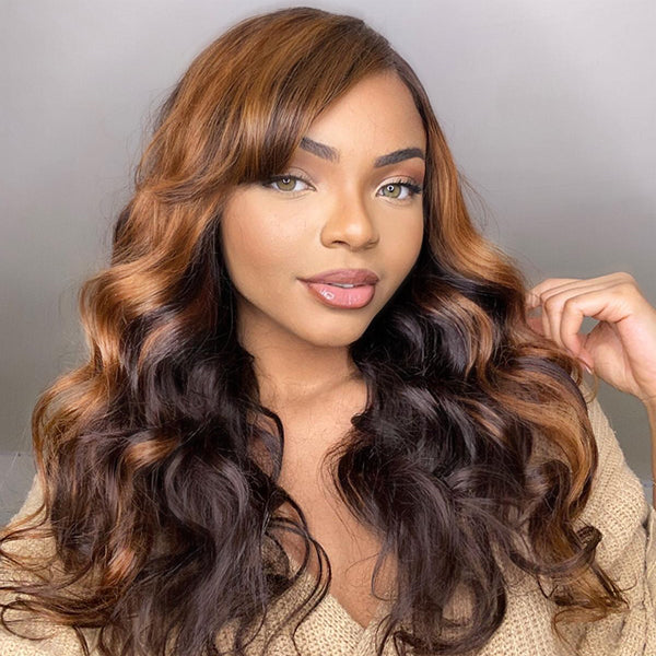 Outlet | Brown Mix Black C Part Glueless Loose Wave 5x5 Closure Wig With Bangs 100% Human Hair-01