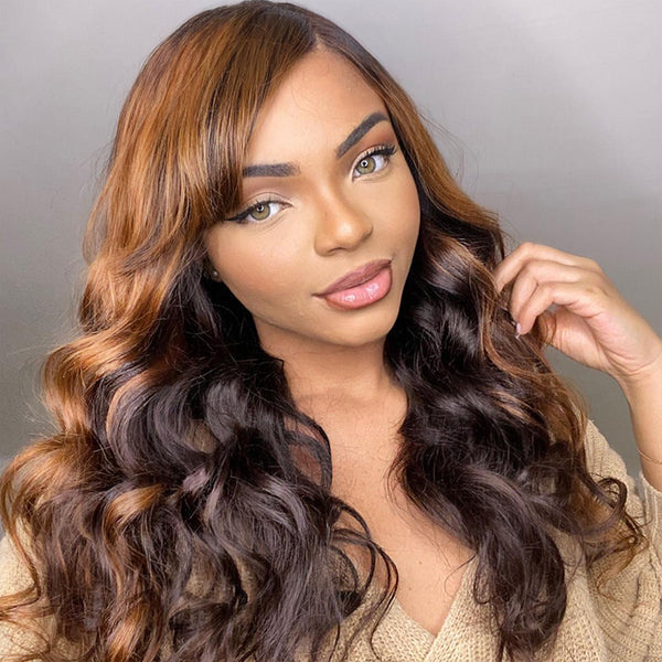 Worth | Brown Mix Black C Part Glueless Loose Wave 5x5 Closure Wig With Bangs 100% Human Hair-02