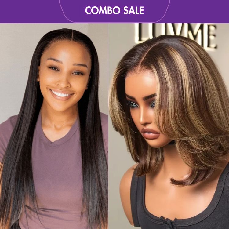 2 For 1 | Silk Straight Glueless 13x4 Frontal Lace Wig Middle Part + Blonde Highlight Short Layered Bob Wig Glueless 5x5 Closure Pre-Cut Lace Wig-01