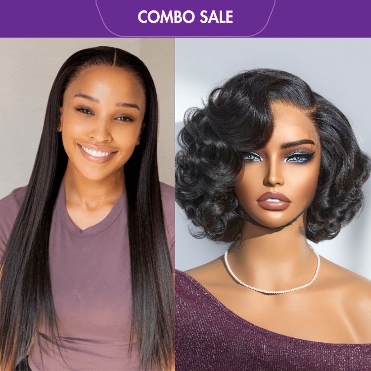 2 For 1 | Silk Straight Glueless 13x4 Frontal Lace Wig Middle Part + Mature Boss Natural Black Loose Wave Glueless Minimalist HD Lace Wig-01