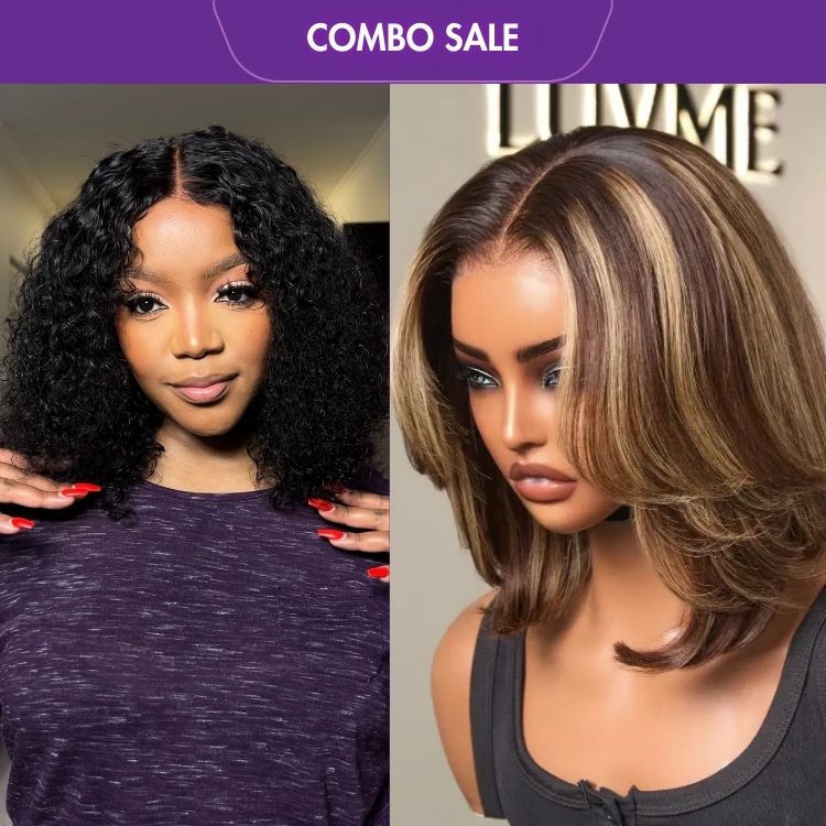 2 For 1 | Natural Black Deep Curl Bob Glueless 4x4 Closure Lace Wig  + Blonde Highlight Short Layered Bob Wig Glueless 5x5 Closure Pre-Cut Lace Wig-01
