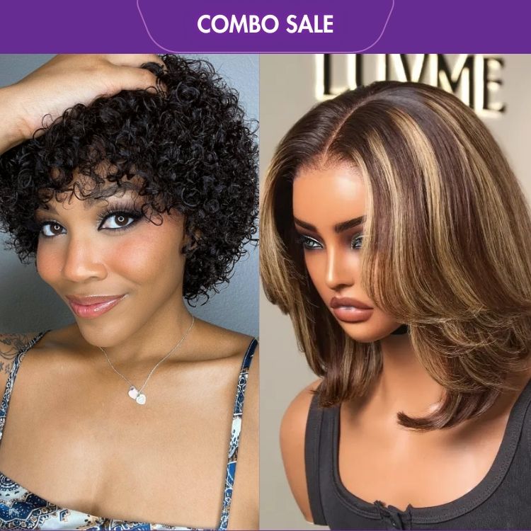 2 For 1 | Ultra Natural Lightweight Bouncy Glueless Wig With Bangs + Blonde Highlight Short Layered Bob Wig Glueless 5x5 Closure Pre-Cut Lace Wig-01