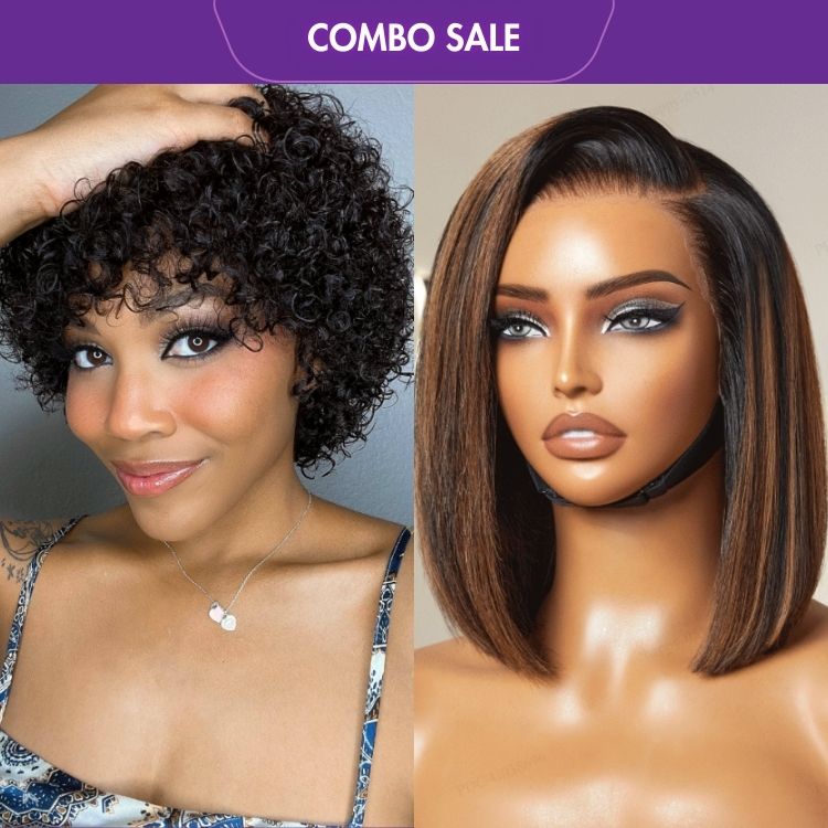 2 For 1 | Ultra Natural Lightweight Bouncy Glueless Wig With Bangs + Brown Highlight Silky Blunt Cut Bob 13*4 Glueless Lace Wig-01