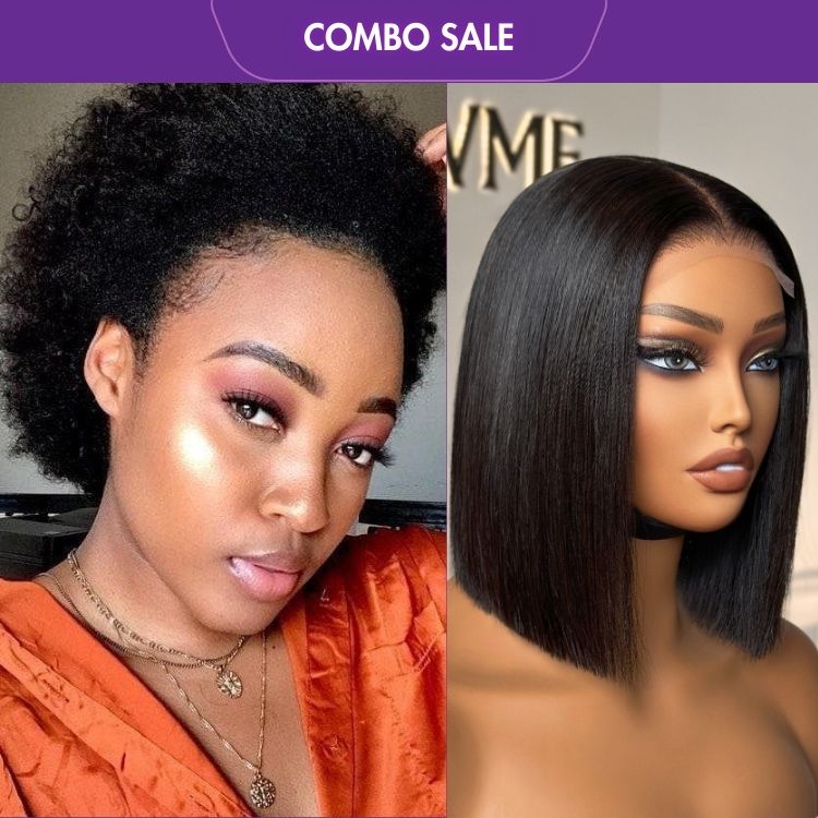 2 For 1 | Natural Afro Glueless Wig + 4x4 Lace Blunt Cut Bob Wig Bone Straight-01