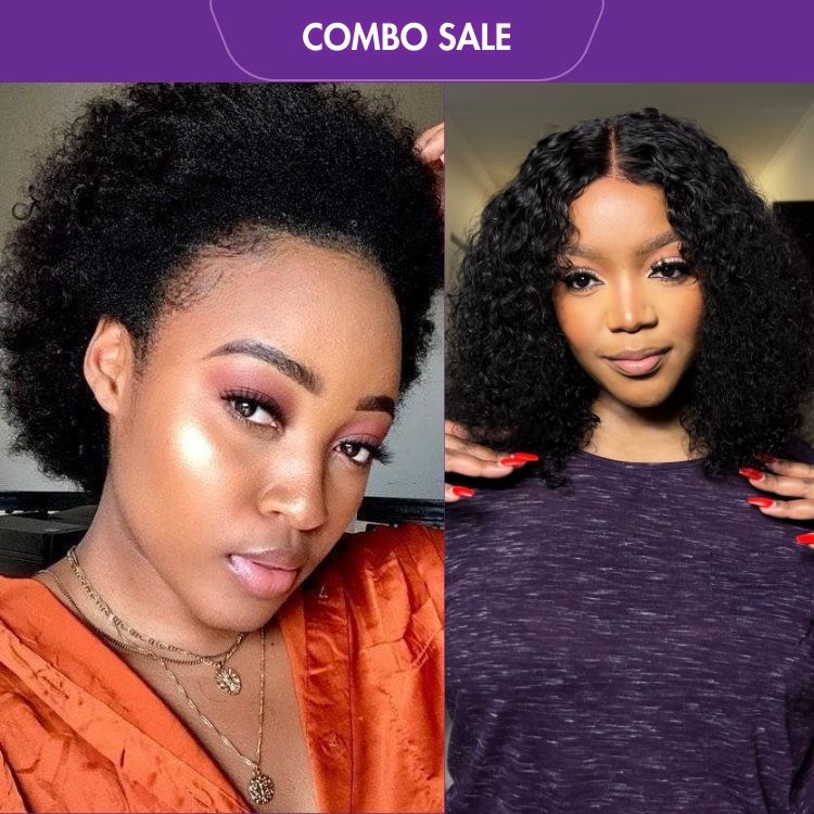 2 For 1 | Natural Afro Glueless Wig + Natural Black Deep Curl Bob Glueless 4x4 Closure Lace Wig-01