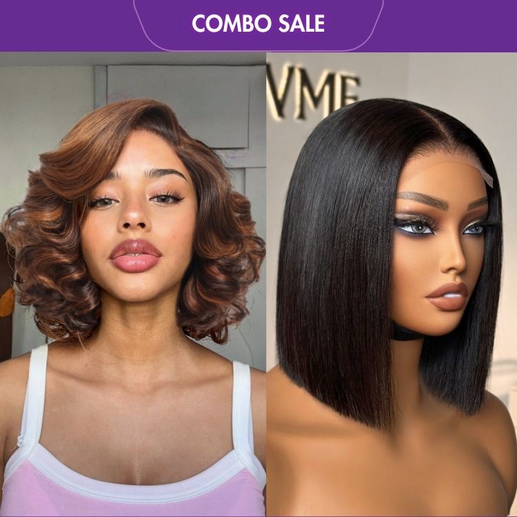 2 For 1 | 4x4 Lace Blunt Cut Bob Wig Bone Straight + Mature Boss Brown Ombre Highlight Loose Wave Glueless Minimalist HD Lace Wig-04