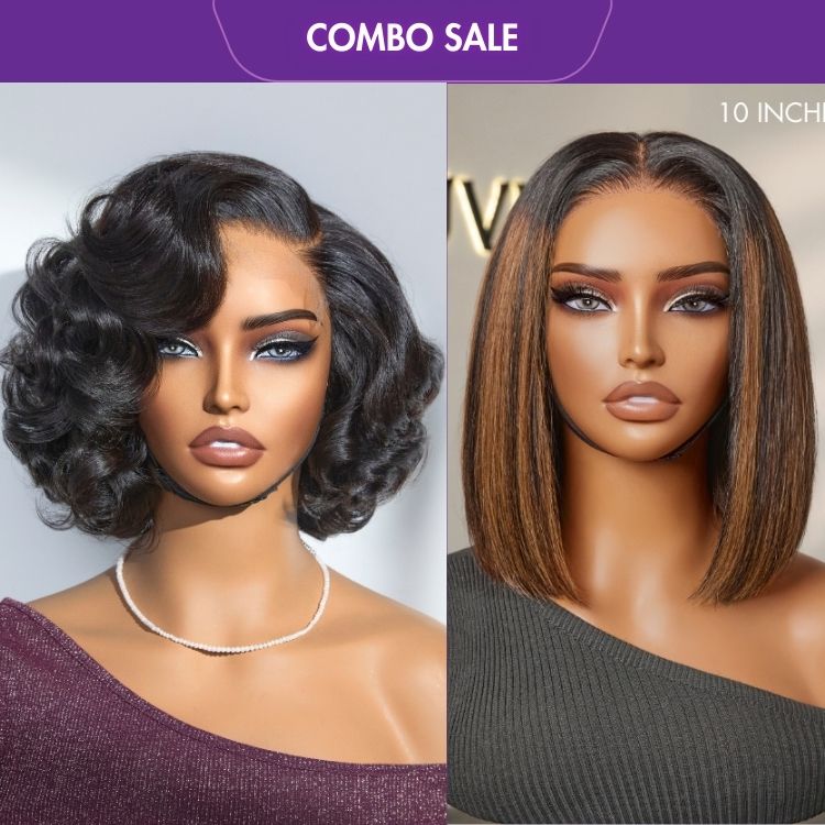 2 For 1 | Brown Highlight Silky Blunt Cut Bob Glueless Lace Wig + Mature Boss Natural Black Loose Wave Glueless Minimalist HD Lace Wig-01