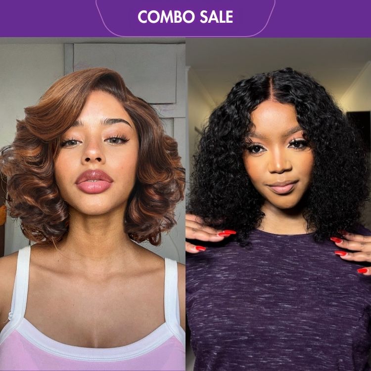 2 For 1 | Natural Black Deep Curl Bob Glueless 4x4 Closure Lace Wig + Mature Boss Brown Ombre Highlight Loose Wave Glueless Minimalist HD Lace Wig-04