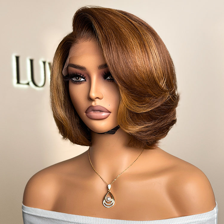 Worth | Limited Design Toffee Brown Mix Blonde Layered Cut Glueless 5x5 Closure Lace Bob Wig-12