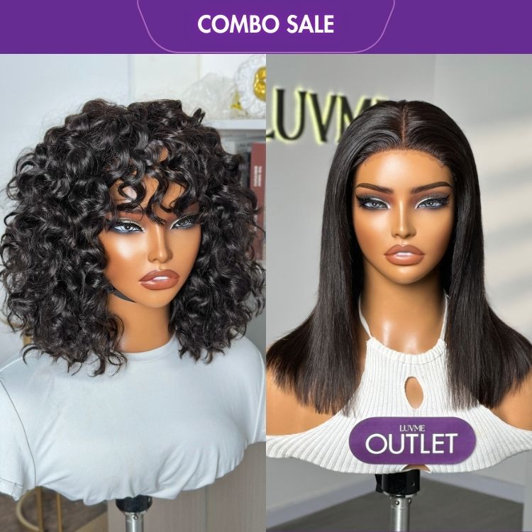 2 For 1 | Water Wave No Lace Glueless Short Wig With Bangs 100% Human Hair + Effortless Straight BOB 4x4 Closure Lace Glueless Mid Part Wig 100% Human Hair-01