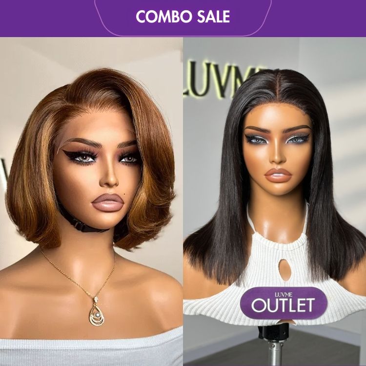 2 For 1 | Limited Design Toffee Brown Mix Blonde Layered Cut Glueless 5x5 Closure Lace Bob Wig+ Effortless Straight BOB 4x4 Closure Lace Glueless Mid Part Wig 100% Human Hair-01