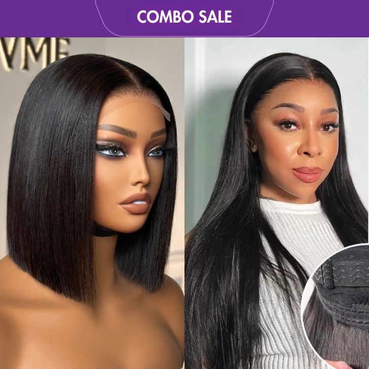 2 For 1 | PreMax Wigs - Flexi-Fit Drawstring Cap Silky Straight Glueless 13x4 Frontal Lace Wig+4x4 Lace Blunt Cut Bob Wig Bone Straight-01