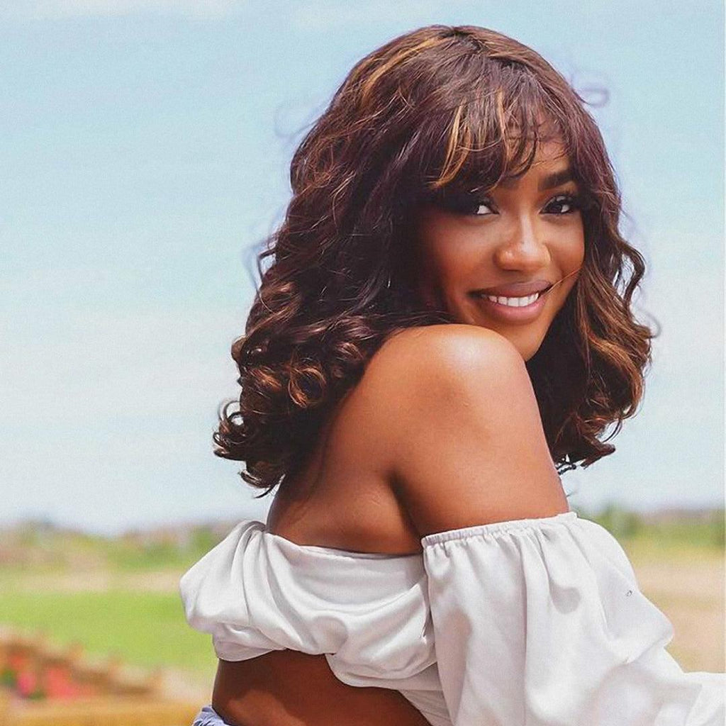 Special Deal | Throw On & Go Glueless Brown Highlights Wavy No Lace Wig with Bangs-04