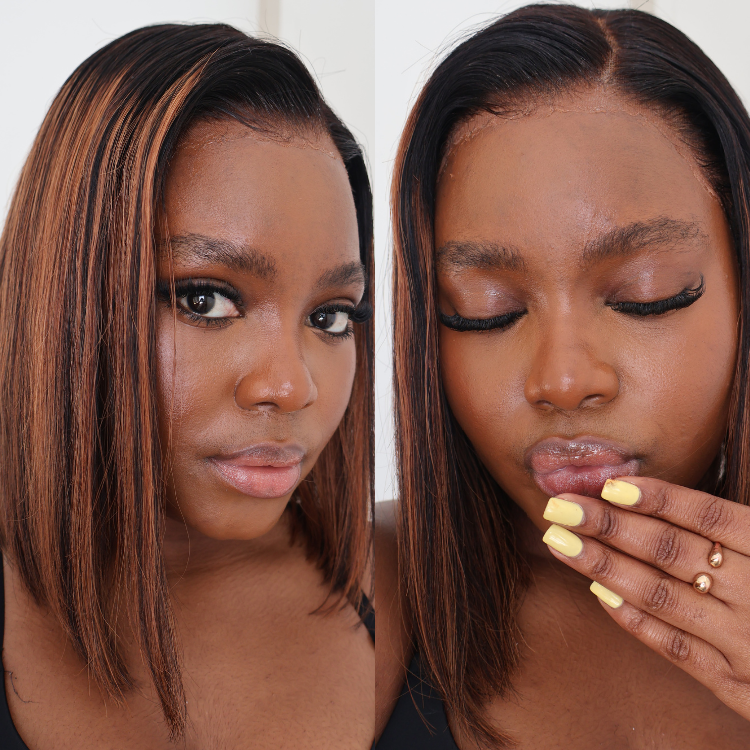 [thushey]'s Special Link PreMax Wigs | Brown Highlight Silky Blunt Cut Bob Glueless Lace Wig With Pre-Bleached Pre-Plucked Pre-Cut Lace-01